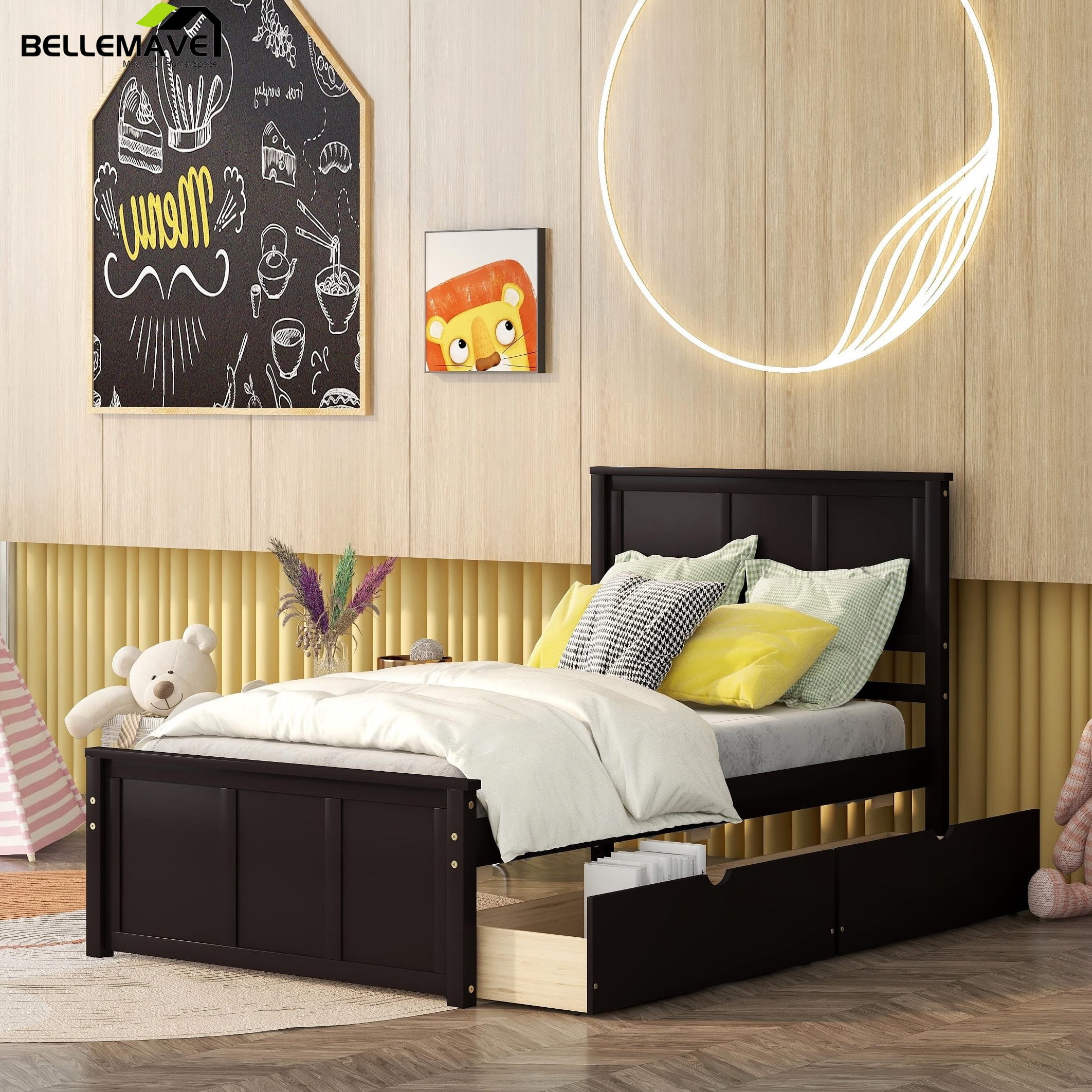 Bellemave Twin Size Platform Bed with 2 Storage Drawers, Twin Bed Frame
