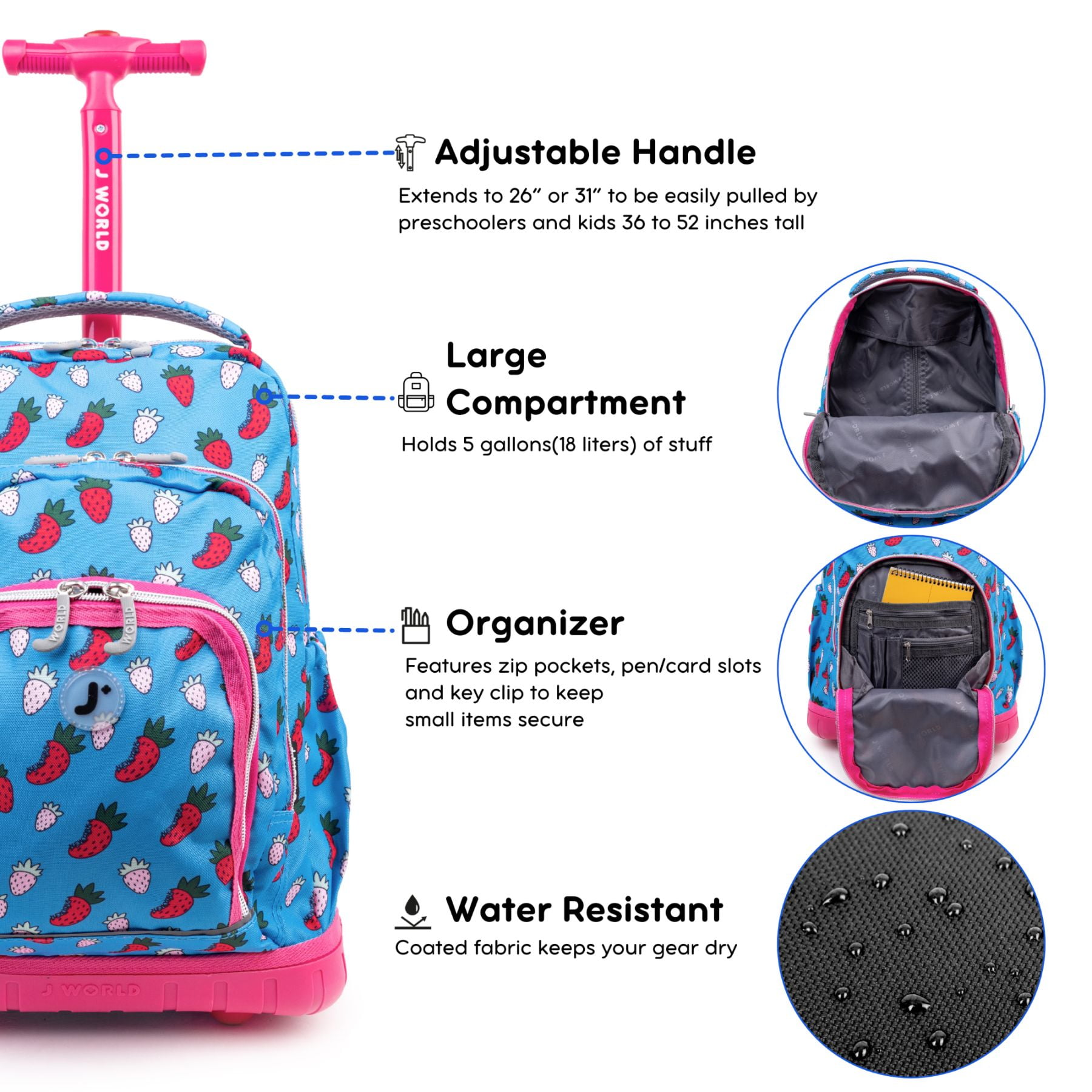 J World Girls Lollipop 16 Kids Rolling Backpack with Insulated Lunch Bag for School and Travel Blue Raspberry