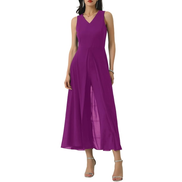 INSPIRAR CHIC Mono de Pierna Ancha para Mujeres Chifón Cuello en V Cóctel Sin Mangas Mono 2XL Púrpura