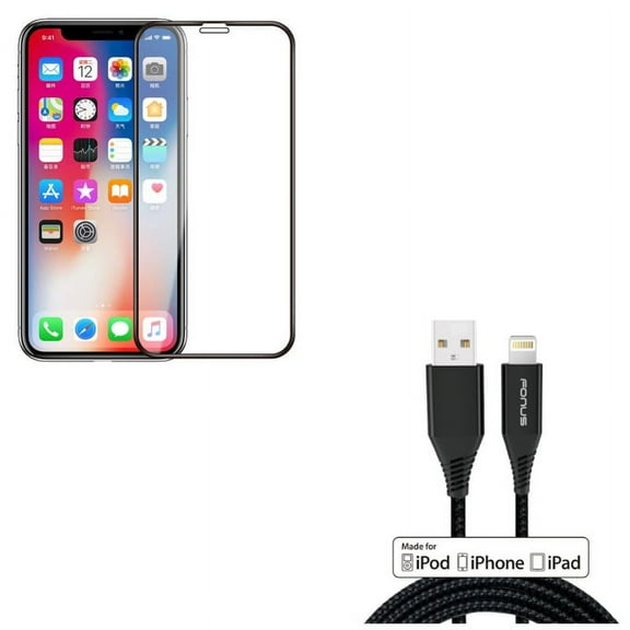 iPhone XS/X - Tempered Glass Screen Protector w Certified 6ft MFi USB Cable - 5D Touch Curved Edge Full Cover Bubble Free Case Friendly 9H Hardness, Charger Cord Power Wire Braided Long Fast Charge