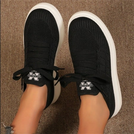 

DAETIROS Womens Shoes Flats Sneakers Flyweaving Breathable Sports Solid color Womens Shoes Black Size 9.5