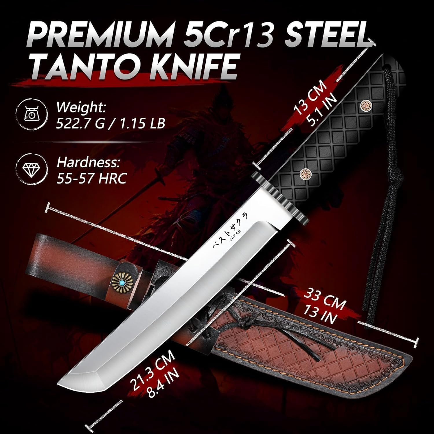 Huusk Fixed Blade Outdoor Knife with Sheath, Full Tang Tactical Knife with Wood Handle for Camping, Hiking, Fishing, BBQ and Outdoor Activities, Gift for Men