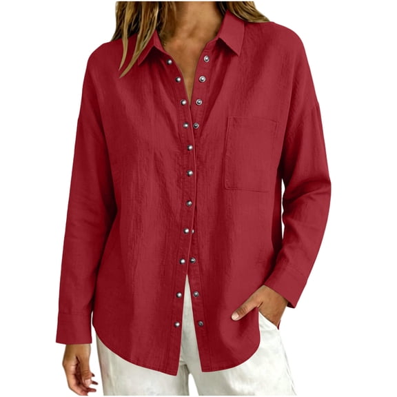 Yyeselk Women's Cotton Linen Snap Button Long Sleeve Shirt with Pocket Collared Relaxed Fit Lightweight Casual Tops Red Medium