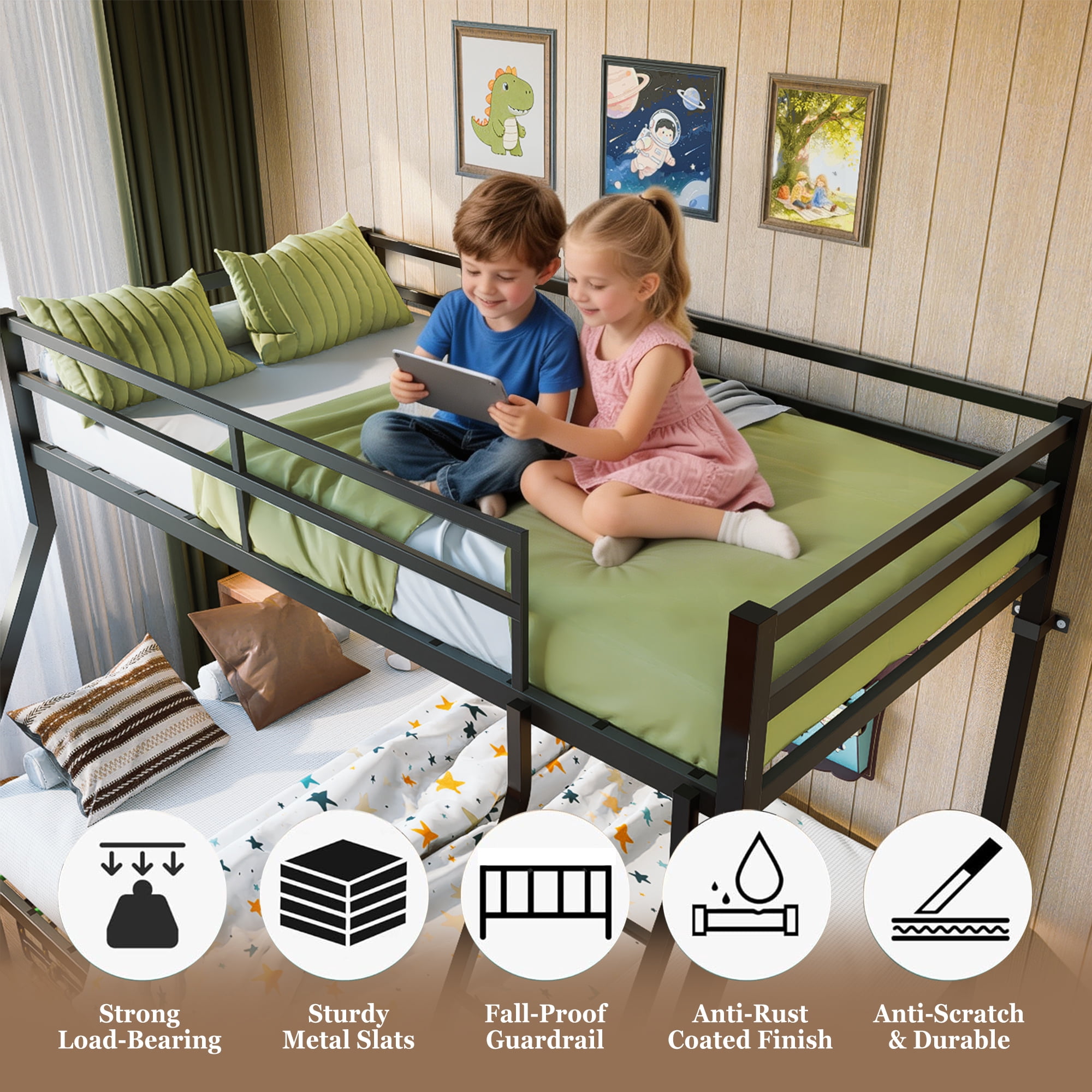 Miniyam Twin Over Full Metal Bunk Bed with Guardrails and Angled Ladder, Black