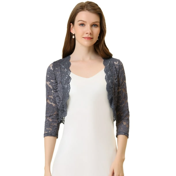 Cárdigan Allegra K de encaje floral Transparente Gris oscuro XL