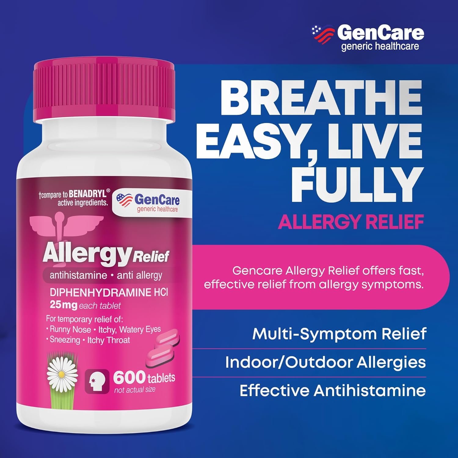 GenCare Allergy Relief Tablets Antihistamine Diphenhydramine HCl 25mg, 600 Tablets