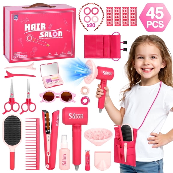 Freecat Hair Salon Toy for Girls, 45PCS Pretend Play Hair Styling Set with Toy Hair Dryer, Flat Iron, Curlers, Mirror, Comb and Storage Box, Beauty Salon Role Play Birthday Gift for Kids Ages 3-6.