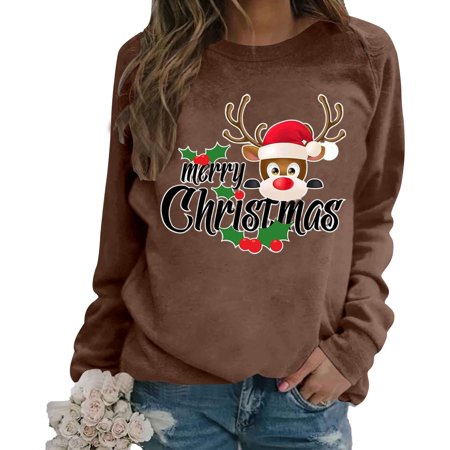 FYEGRE Snowman Cheers Sweatshirts Women Long Sleeve Christmas Graphic Tees Funny Xmas Tops Coffee M