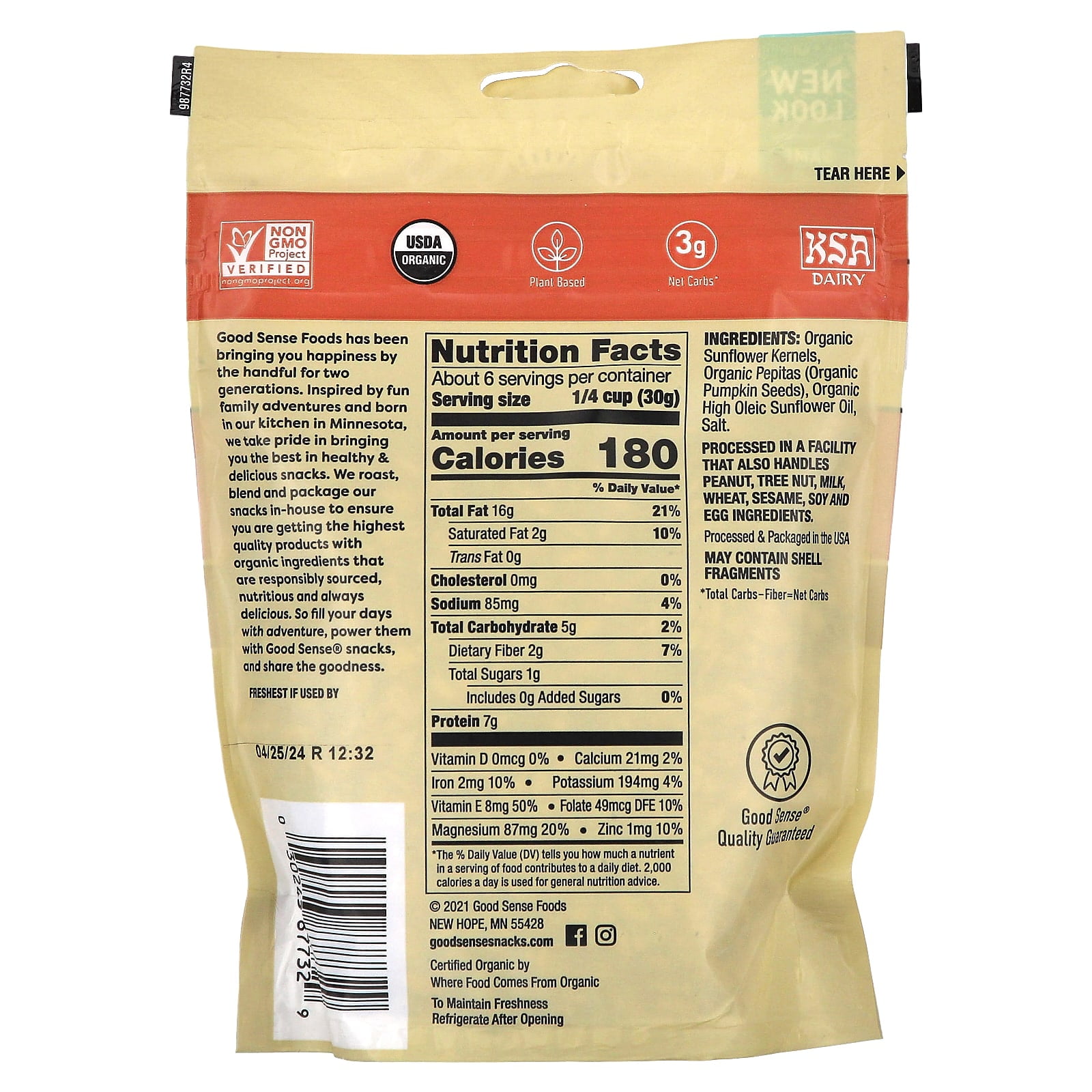 Good Sense, Organic Sunflower & Pumpkin Seed Mix, Salted, Roasted, 6 oz Pack of 4