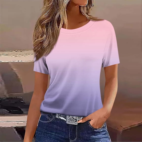 JnLxul Tops for Women Trendy Short Sleeve Gradient Color Crew Neck Tee Tops Casual Loose Summer T-Shirts