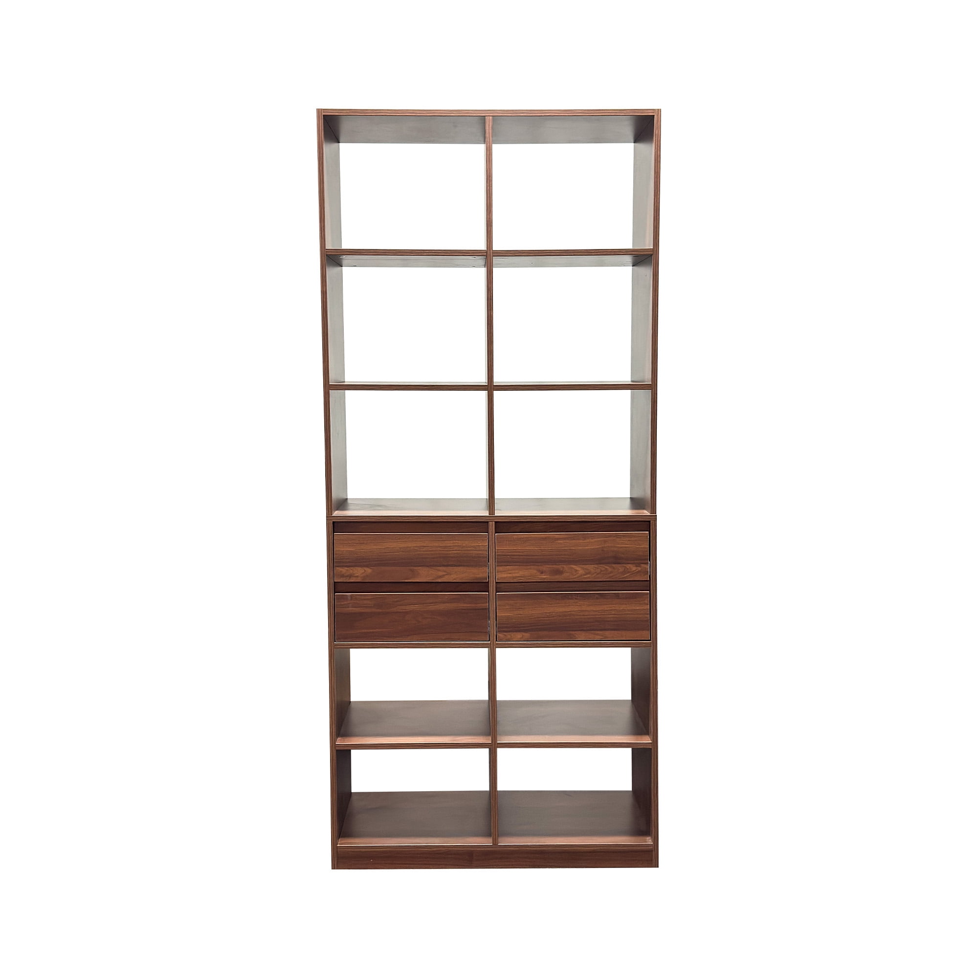 Mintazer Tall Bookcase with 10 Open Cubbies, Freestanding Bookshelf with 4 Storage Drawers, Multi‑Purpose Display Cabinet for Living Room Bedroom Home Office, Walnut Brown