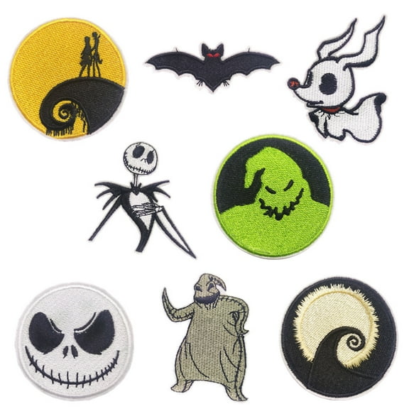 Jack and Sally Small Iron on - Embroidered Patches Set DIY Accessories for Party Clothes, Jeans, Dress, Backpacks - 8 Pcs Horror Film Emblem