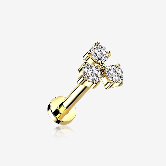 Golden Trinity Sparkle Prong Set Top Internally Threaded Steel Flat Back Stud Labret