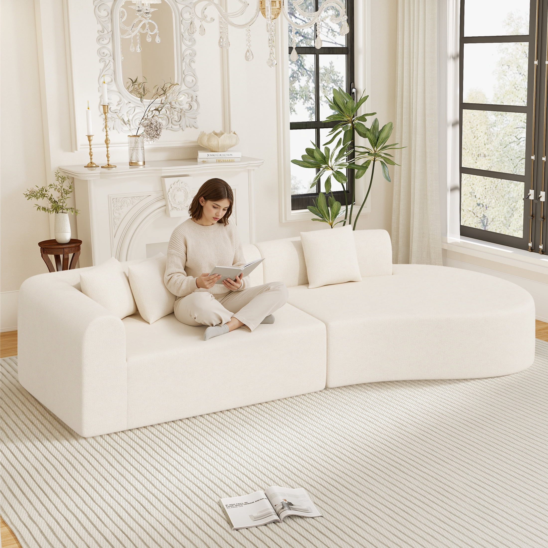 Hawsaiy 126" Oversized Modular Sectional Sofa, Modern Deep Seat Curved Cloud Couch, Soft Chenille Upholstered Sofa for Living Room, Beige, No Assembly