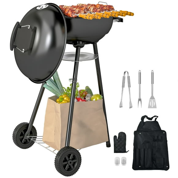 Outsunny 17" Kettle Charcoal BBQ Grill with BBQ Accessories, Barbecue Grill