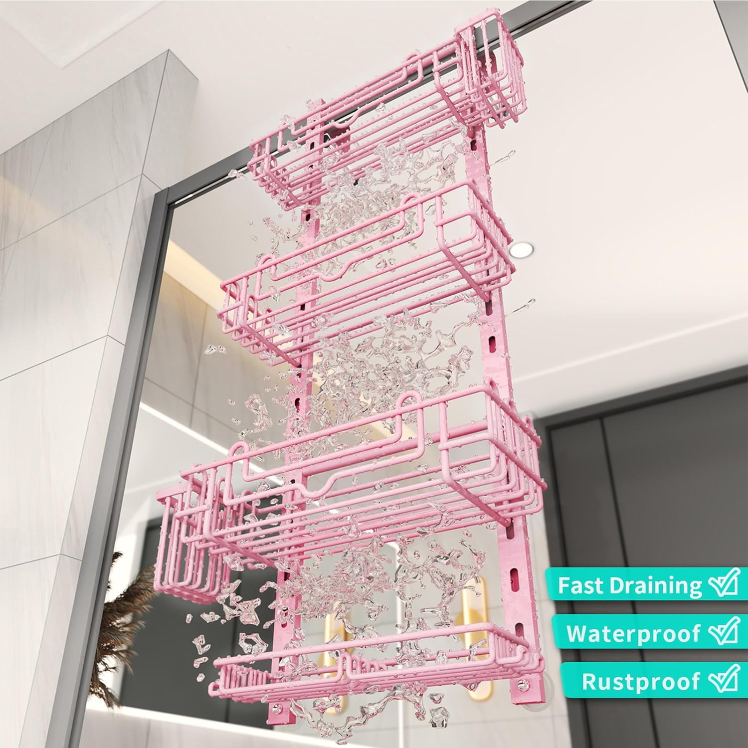 Hanging Shower Caddy Organizer - Shower Shelf with 22 Hooks and 2 Toothbrush Holders, No Drilling Adjustable Hanging Bathroom Organizer - Pink