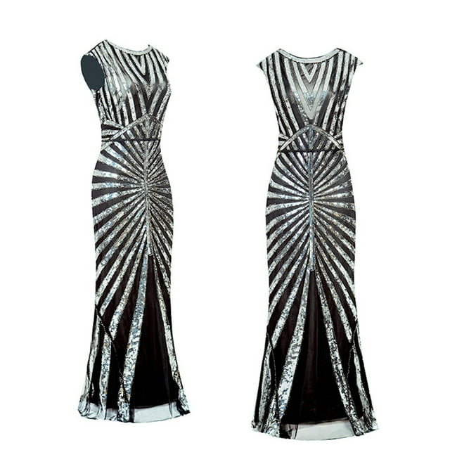 Prolriy Robe de Cocktail Robe Vintage pour Femmes Années 1920 à Paillettes Perles Franges Robe de Soirée Sans Manches Longue Maxi Robe de Soirée pour Femmes Robe de Réveillon Nouvel An 2025 Argent TG