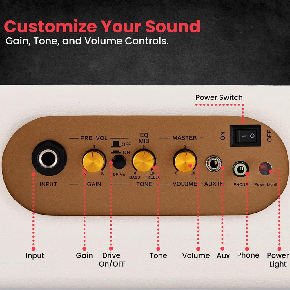 Pyle Portable Electric Guitar Amplifier – 5" High-Definition Speaker with Volume, Bass & Treble Controls, Lightweight Plywood Cabinet with Gold Plate & Leather Finish