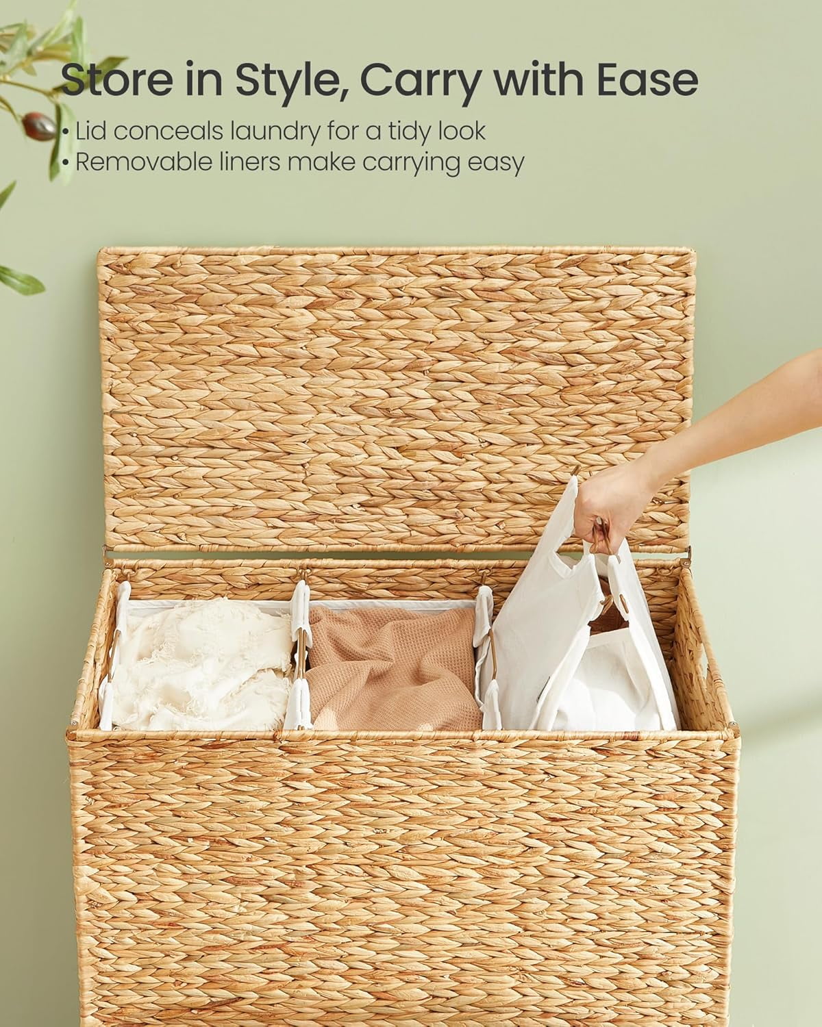 FeGemax Laundry Hamper 3 Sections, 47.5 Gal. (180 L) Handwoven Water Hyacinth Wicker Laundry Basket with Lid, Natural Material, Removable Machine Washable Liners, Handles, Natural ULCB203Y01