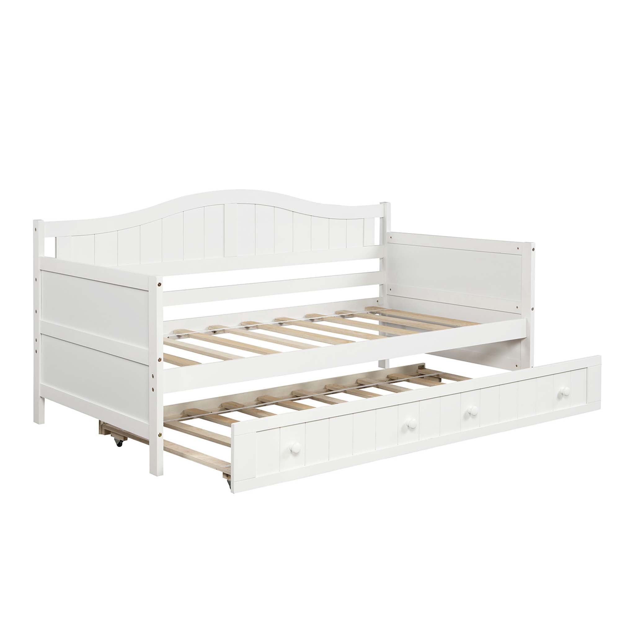 DEALTOPS Wooden Sofa Bed Frame for Bedroom Living Room with Trundle, White