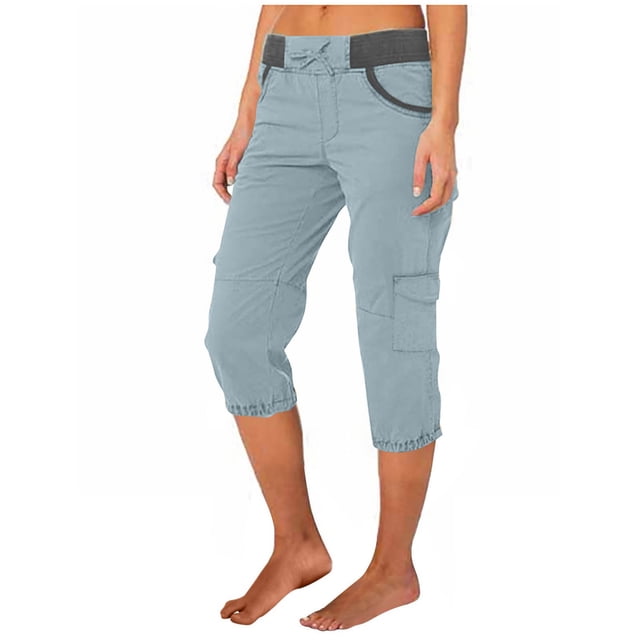 Mgmyaa Pantalons Cargo Décontractés pour Femmes, Couleur Unie, Taille Mi-Haute, Pantalons Raccourcis avec Poignets Rétractables
