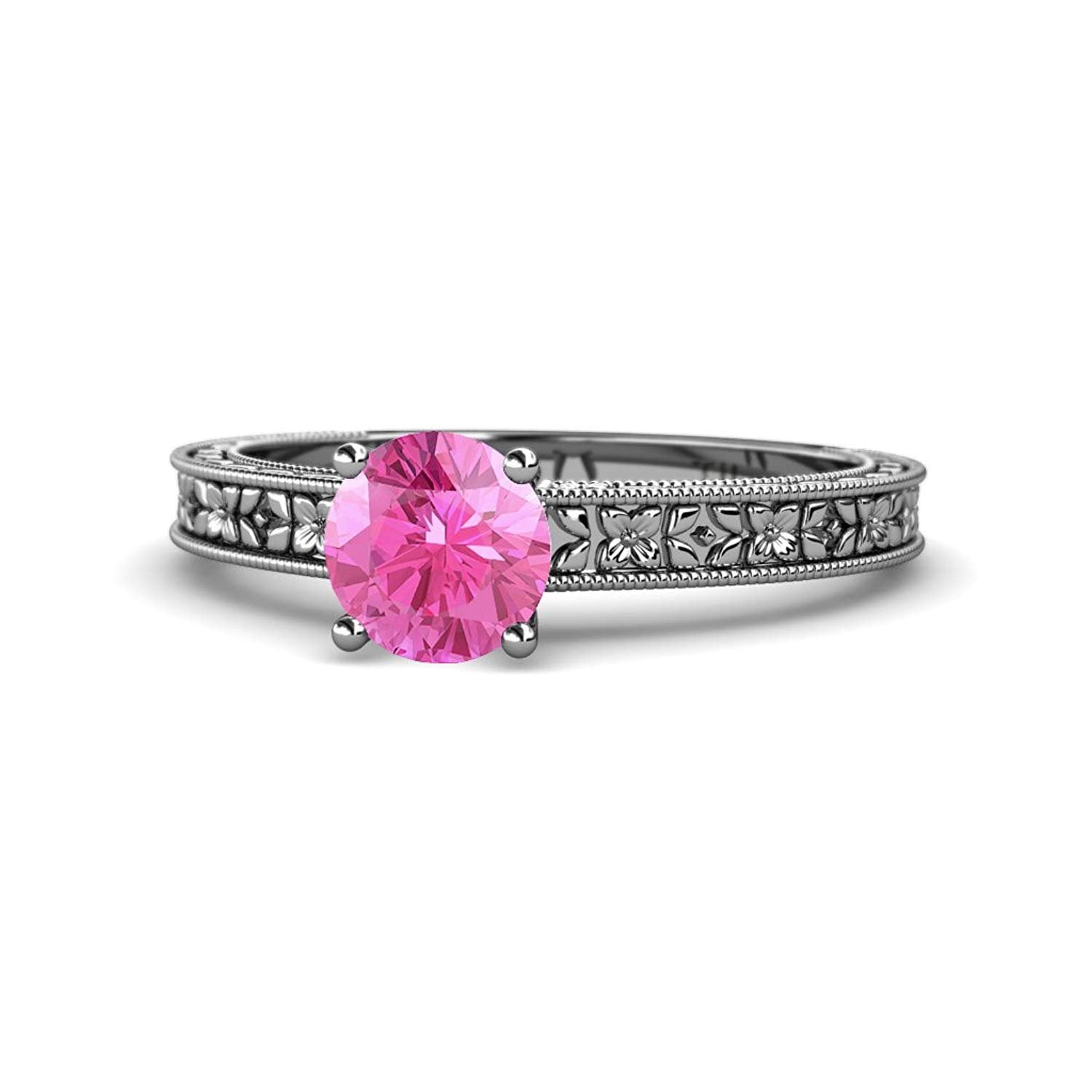 Pink Sapphire 6mm Milgrain Work Floral Engraved Solitaire Engagement Ring 0.95 ct 14K White Gold.size 9.0 by TriJewels