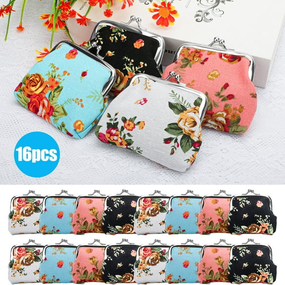 TSV 16pcs Cute Floral Buckle Coin Purses, Vintage Kiss-lock Change Purse, Small Canvas Rose Flower Wallet for Women