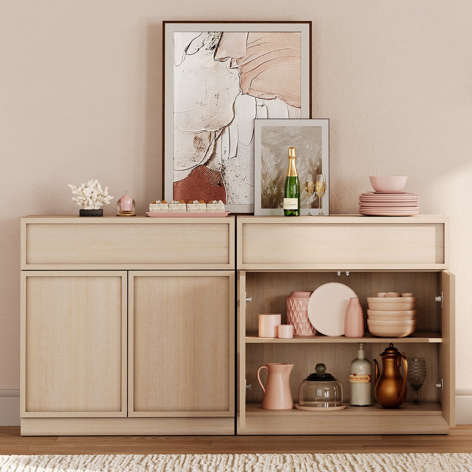 63" Modern Sideboard Buffet Cabinet with 4 Doors and Drawers, Multifunctional Sideboard with Large Storage and Adjustable Shelf, Beige
