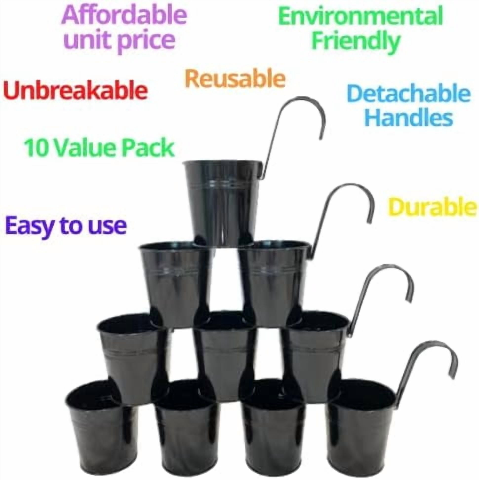 LaLaGreen Railing Planter 10 Pack, 6 Inch Hanging Flower Pot Black, Outdoor Large Metal Iron Fence Bucket, Balcony Garden Wall Deck Porch Patio Rail Decor Hanger Hook Farmhouse Balcony 6'''' (15cm)