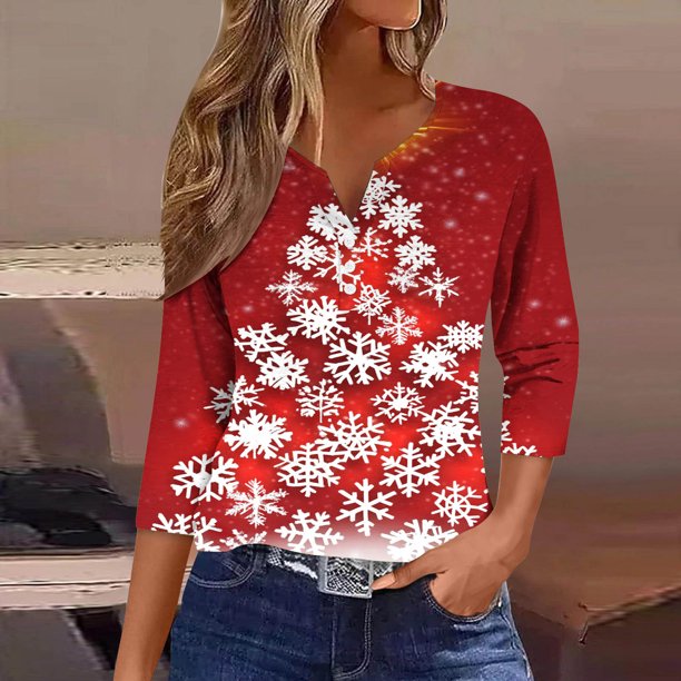 Puntoco Blusa informal de cuello redondo con mangas 3/4 cortas y estampado a la moda para mujer