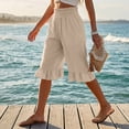 thumbnail image 6 of KDDYLITQ Linen Shorts for Women Elastic Waist Wide Leg Smocked Capris Shorts Beach Summer Ruffle Boho Shorts with Pockets Khaki XL, 6 of 7