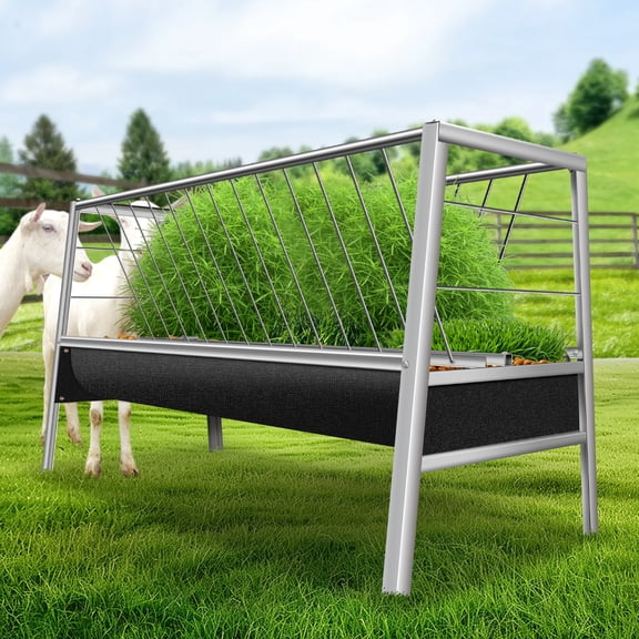 90 Gallon Hay Feeder Goat, Livestock Goat Feeder with Rubber Tray, Heavy Duty Animal Pasture Feeder for Horses, Sheep, Calves, Deer, Cow