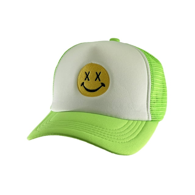 Gravity Threads Smile Face Embroidery Adjustable Trucker Hat - Cross Eye - White/Neon Green