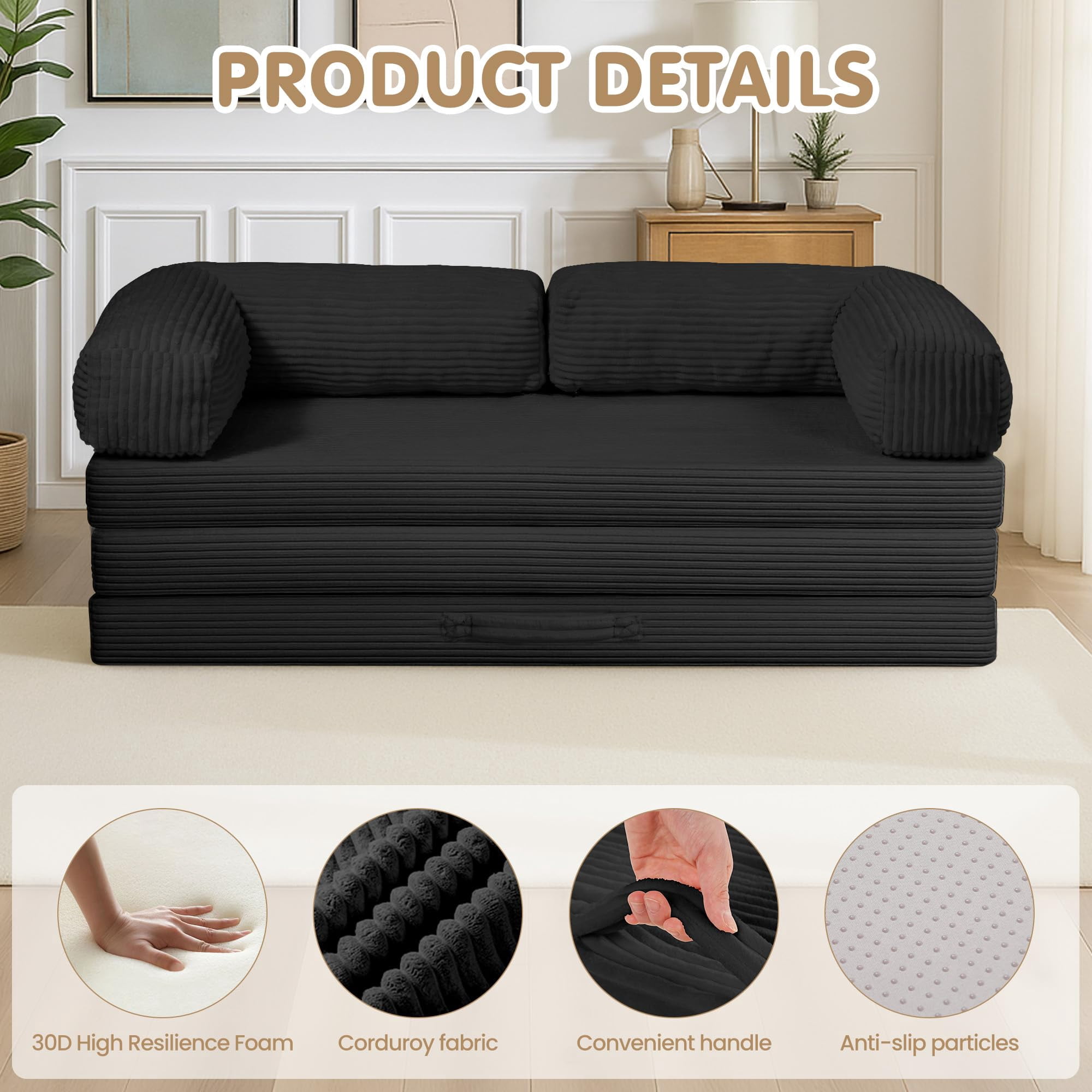 5-in-1 Convertible Sofa Bed,60" Boneless Couch Tri Folding Floor Mattress with Removable L-Shaped Armrests & Handle,Corduroy Futon Couch Sleeper for Living Room Bedroom Apartment, Black