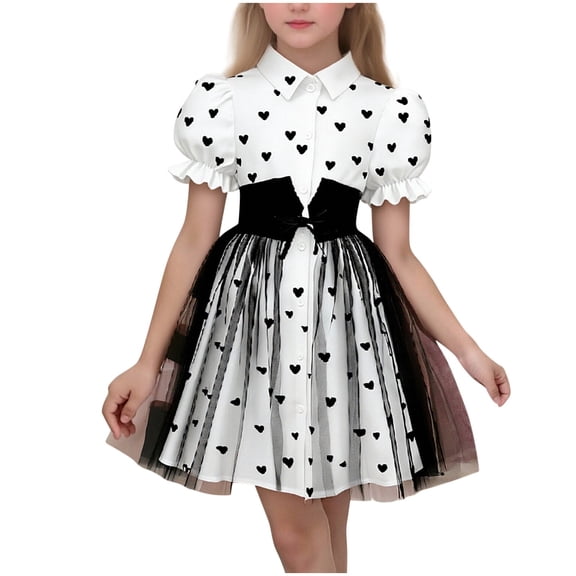 OGLCCG Princess Dress for Girls Lapel Collar Puff Sleeve Tulle Dress for Birthday Party Cute Hearts Print Lace Summer Dresses 2-8 Years