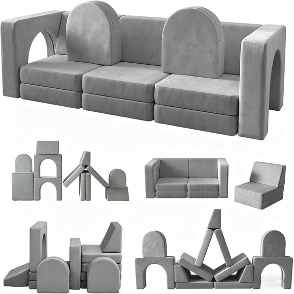 ICEELF 13-Piece Kids Play Couch, 13-in-1 Modular Play Sofa for Playing, Creative Building, Sleeping, Playroom, Bedroom, Gray
