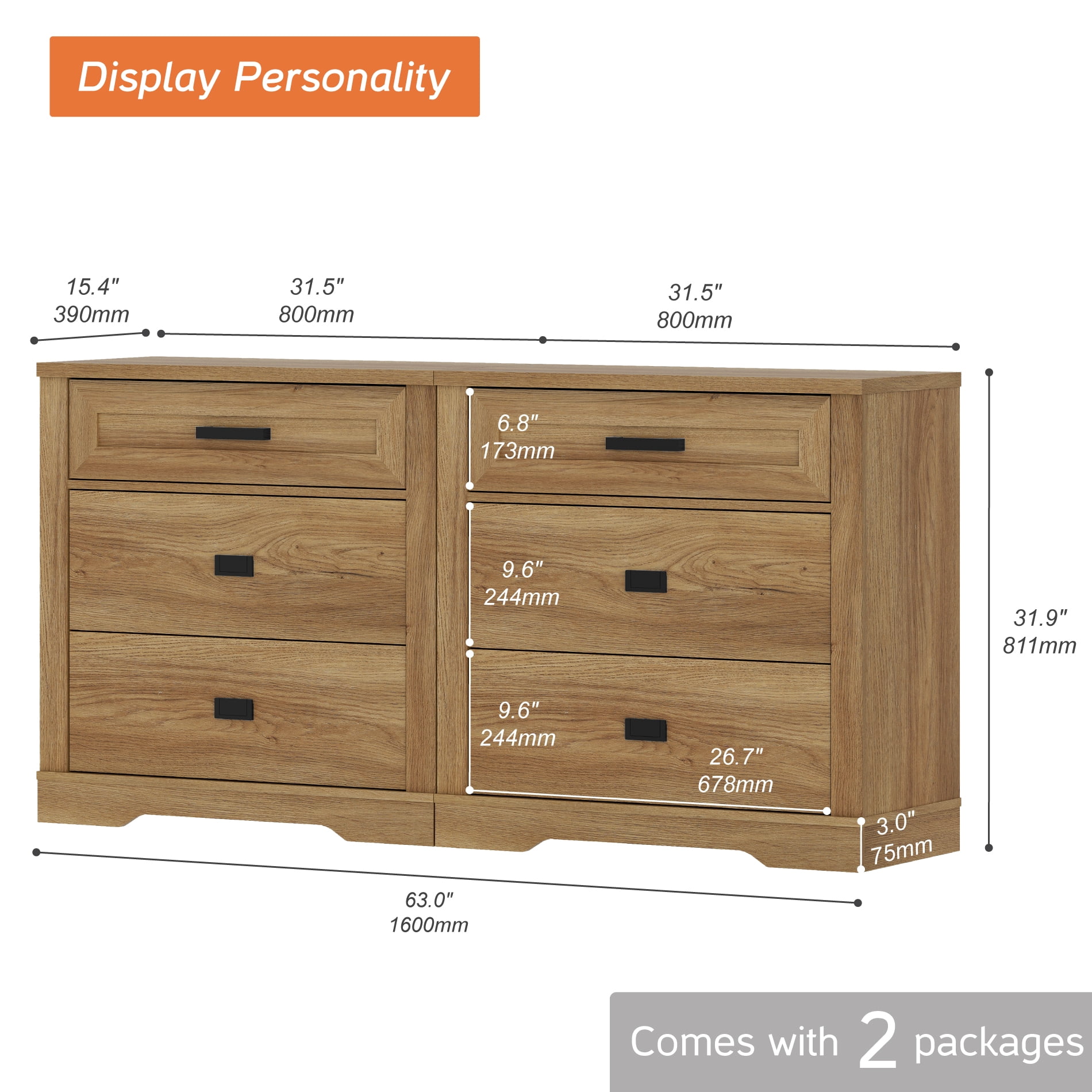 WAMPAT 31.5 inch Wide Large Nightstand Set of 2, 32 inch Tall Oversized Modern Farmhouse Bedside Table with Large Drawers 2-Piece Set for Bedroom,Vintage Oak