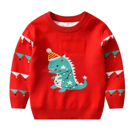 

FZM Christmas Toddler Kids Girls Boys Christmas Dinosaur Cartoon Sweater Casual Prints Knitted Long Sleeve Outwear Winter Top Sweater