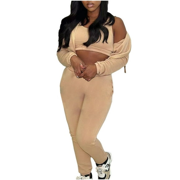 Exercise Sweatsuit Set 3 Piece Outfits for Women Sweatsuit Set Long Sleeve Zipper Hooded Jacket Tank Cropped Tops Sweatpants Track Suit S-83 Beige XXL