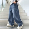 thumbnail image 6 of WUANDIXFA Boys Baggy Jeans for Kids Teen Casual Straight Wide Leg Cargo Jeans Y2K Summer Loose Elastic Waist Denim Pants with Pockets (Light Blue, 13-14 Years), 6 of 7