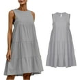 thumbnail image 3 of Fernvia Women Summer Solid Color Dress Beach Casual Round Neck Sleeveless Back Button One-Piece Street Style, 3 of 8