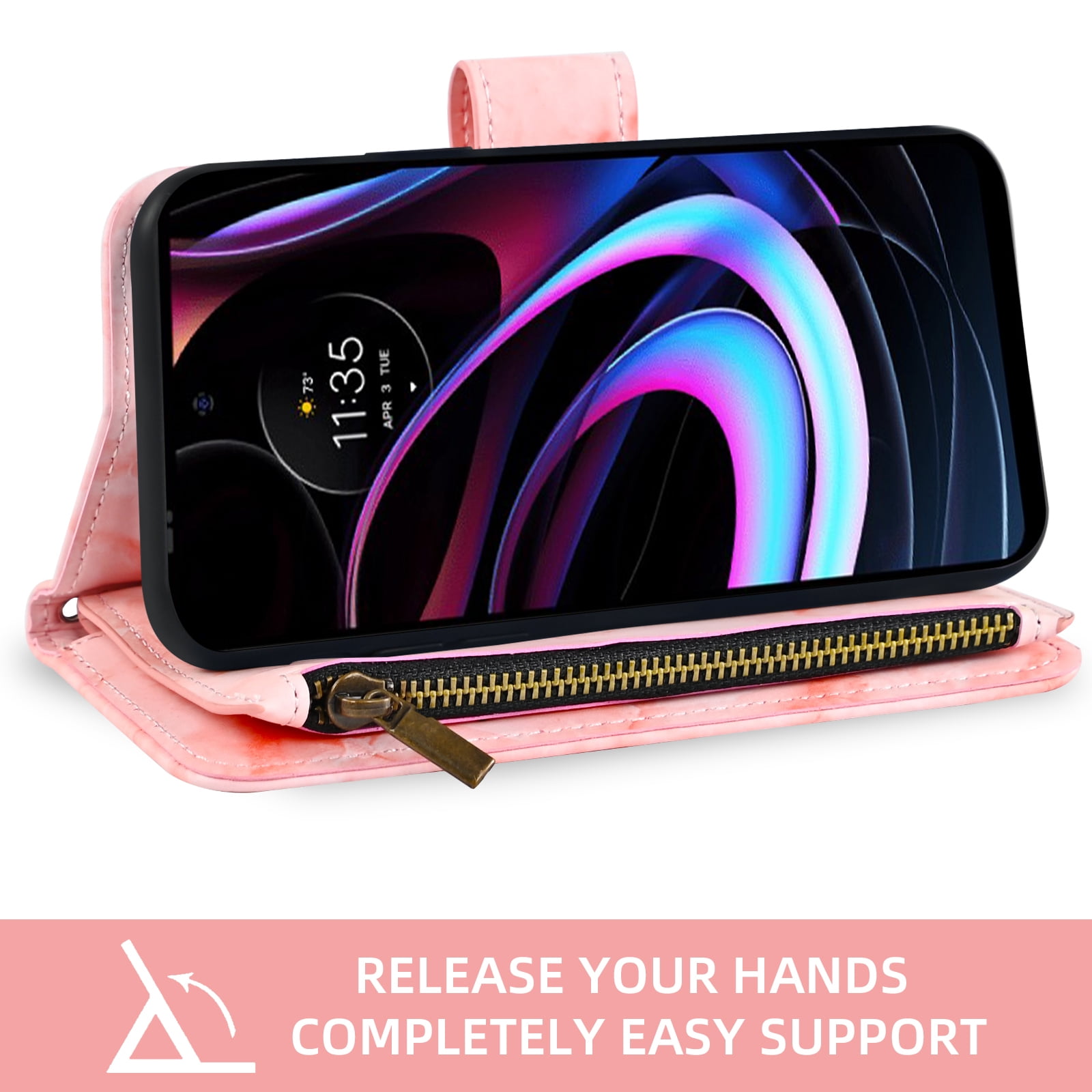 Compatible with Motorola Moto Edge 2021/MotoEdge 5G UW 2021 Wallet Phone Case and Tempered Glass Screen Protector Marble Faux Leather Flip Credit Card Holder Stand Zipper Cell Cover for XT2141-1 Pink