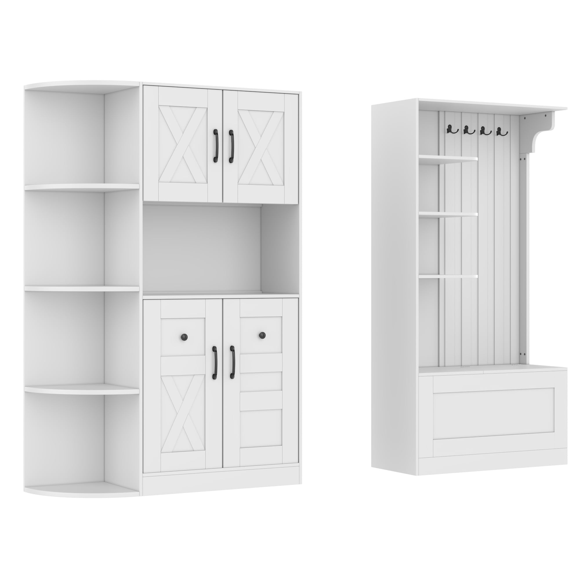 T-Foyer Farmhouse White Detachable Hall Tree with 4 Hooks & Bench, Wooden Rustic Entryway Organizer with Open Storage & 2 Cabinets
