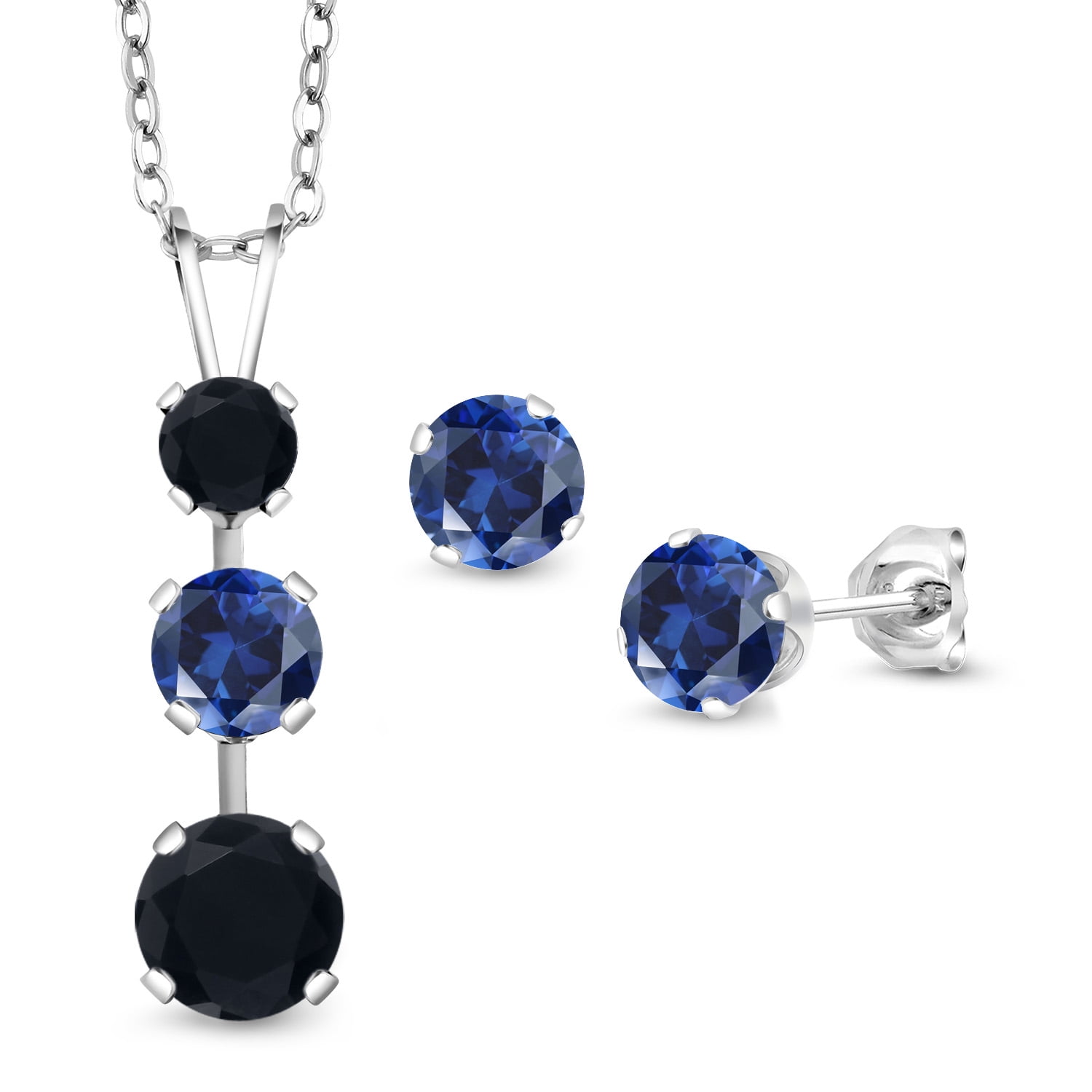 Gem Stone King 925 Sterling Silver Black Onyx and Blue Created Sapphire Pendant and Earrings Jewelry Set for Women (2.82 Cttw, Gemstone December Birthstone, with 18 inch Chain)