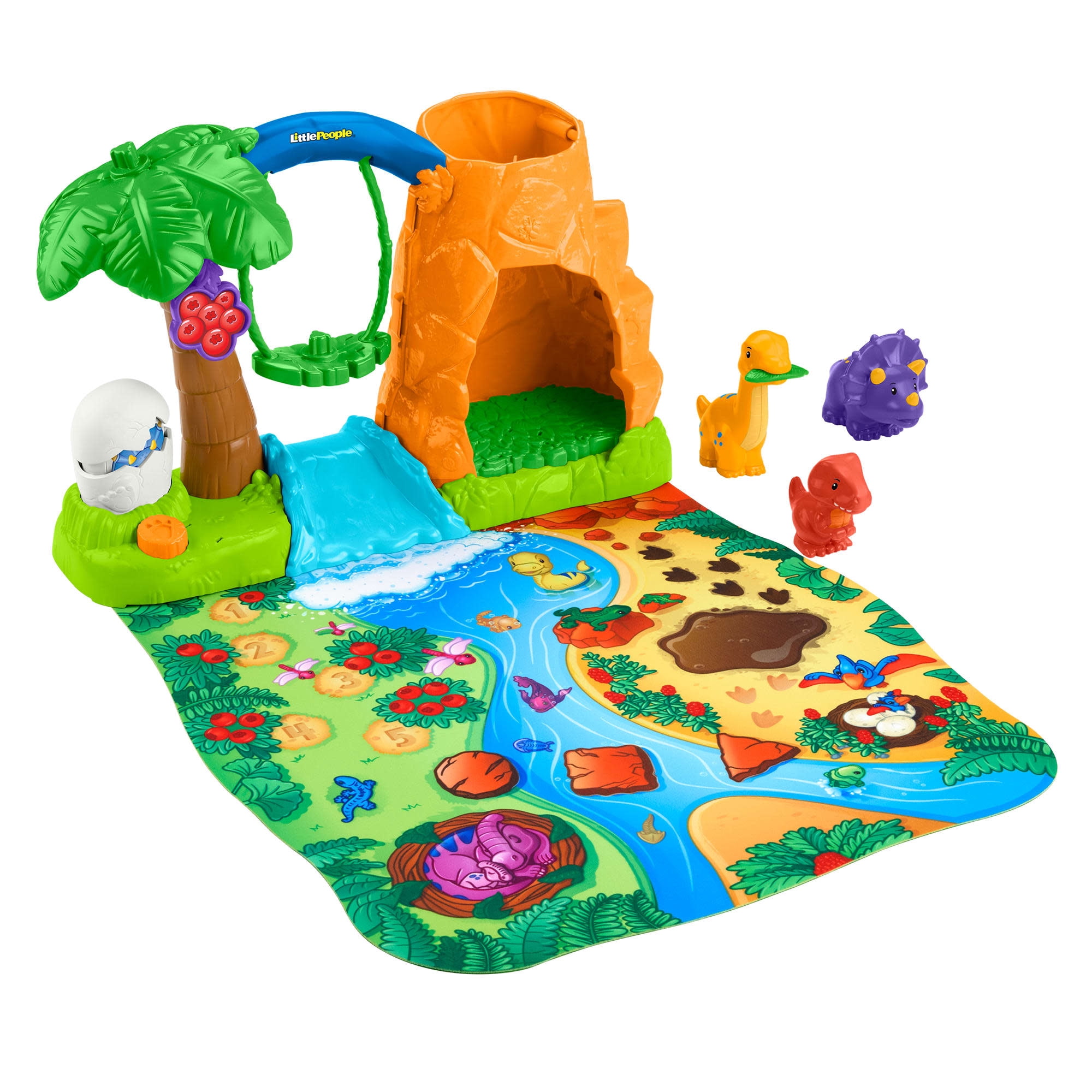 Fisher-Price Little People Dinosaur Village & Play Mat Toddler Playset, 3 Toy Figures
