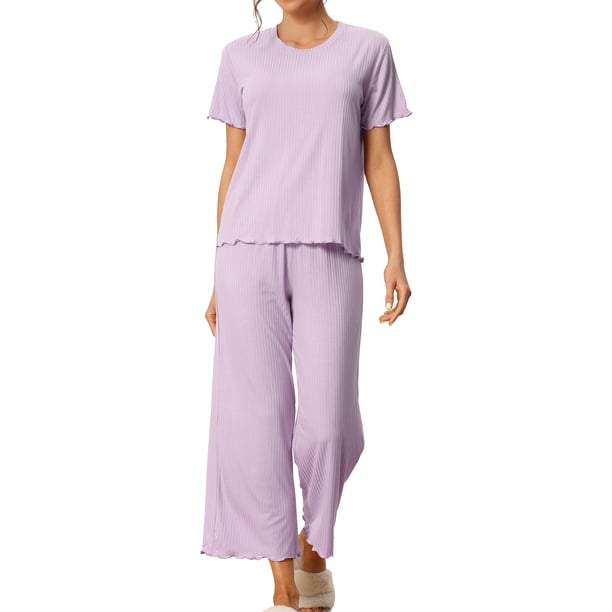 Conjuntos de pijama para mujeres INSPIRE CHIC, cuello redondo, manga corta, de ribete sólido, ropa de dormir casual, pijamas para damas, XL, púrpura