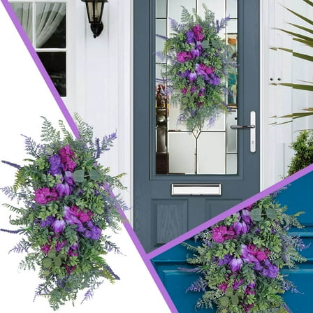 TOPRenddon Purple Tulip Spring Wreath for Front Door - 18” Artificial Flower Garland Outdoor/Indoor Decor, UV Resistant Summer Porch Hanging Decorations for Home