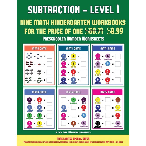 preschooler number worksheets preschooler number worksheets kindergarten subtraction taking away level 1 30 full color preschool kindergarten subtraction worksheets that can assist with understanding of math includes 8 additional pdf books worth