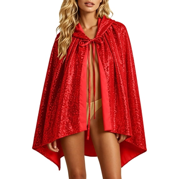 Halloween Sequin Hooded Cape, Tie-Front Sparkly Cloak for Stage Performance & Holiday Party, Glittery Open-Front Cover-Up for Women, 1 PC Red