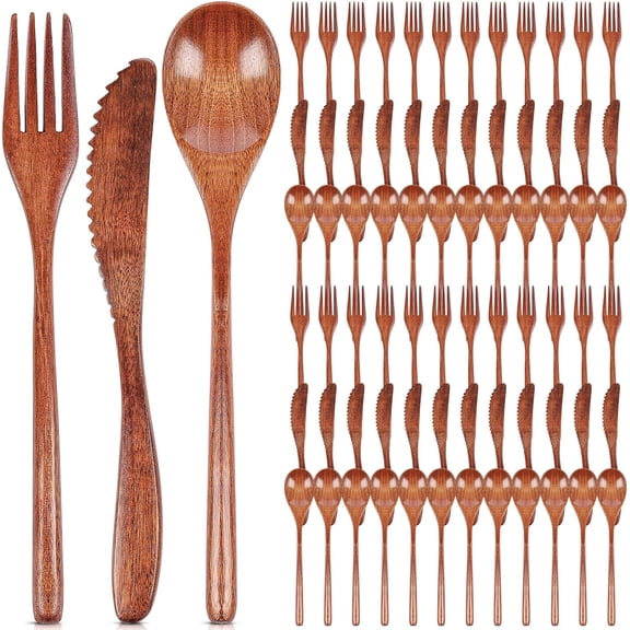 Wooden Spoon Fork Knife Cutlery Set Wooden Dinner Utensil Set Kitchen Wooden Flatware Tableware Cutlery Set (48 Pieces)